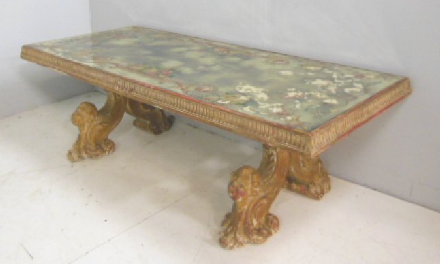 Mirrored figural coffee table: Crack in mirror & some paint loss.