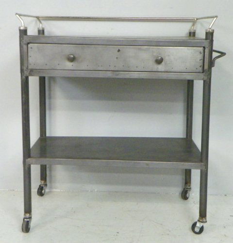 Industrial metal tea cart: With 1 drawer & gallery top. Approx. 35.5" H x 31.5" L x 18" D.