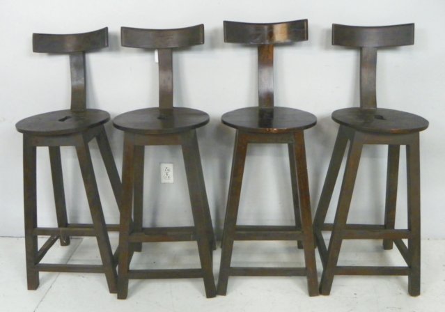 Set of 4 wood barstools with "T" backs: Approx. 45" H, 30.25" seat height.
