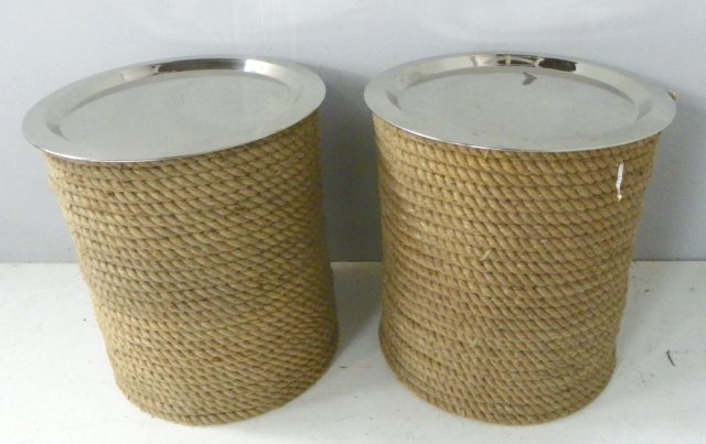 Pair Contemporary round end tables: With rope design bases & polished metal tray tops. Approx. 20" H x 18.75" W.