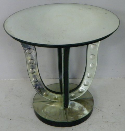 Round mirrored side table: Approx. 25" H x 24" W.