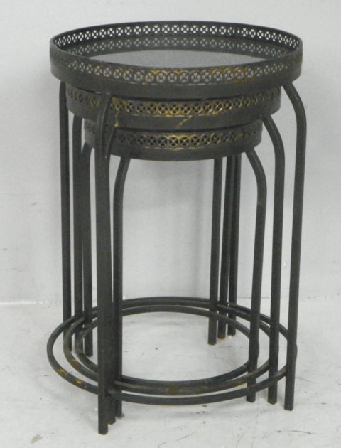 Set of 3 steel nesting tables with granite tops: Largest one approx. 17" D x 26" H.