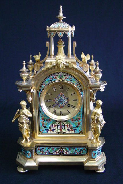 19th c. champleve & bronze enamel figural clock: Movement signed "Japy Freres". Approx. 17" H.