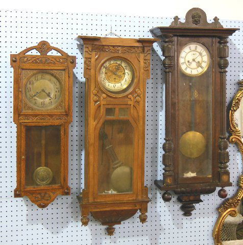 3 Austrian regulator wall clocks: 1- Oak, approx. 31" H. 1- Walnut Art Nouveau, approx. 40" H. 1- Mahogany, approx. 45" H. Some parts missing & weights.