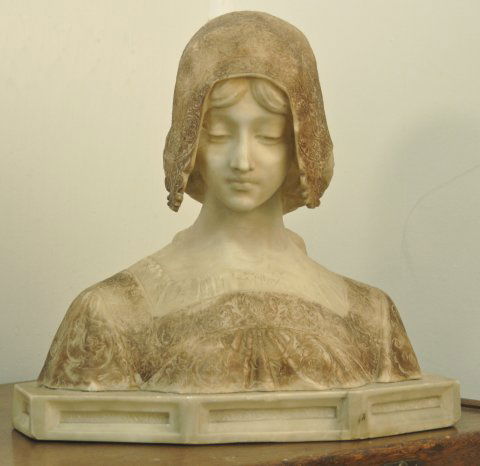 19th c. white alabaster bust "Woman," signed: Approx. 17" H x 17" W x 7.25" D, base is 13" x 7".