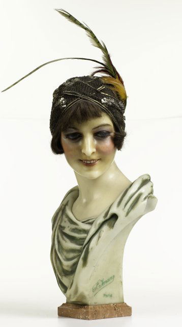 Beautiful wax bust signed P. Imans, Paris: On signed marble base. Glass eyes, porcelain teeth, human hair & eyelashes. Pierre Imans was the world's premier wax mannequin maker. 1850's-1930's. Approx. 21" x 13"