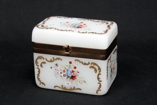 Fine antique enameled & gilded opaline box: Approx. 5.5" W x 4.75" H x 3.5" D.