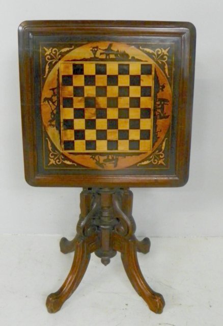 Victorian inlaid walnut tilt top card table: Victorian inlaid walnut tilt top card table