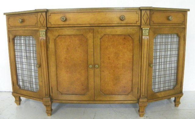 Regency style credenza: With metal grill doors. Approx. 65.5" W x 16.5" D x 36" H.