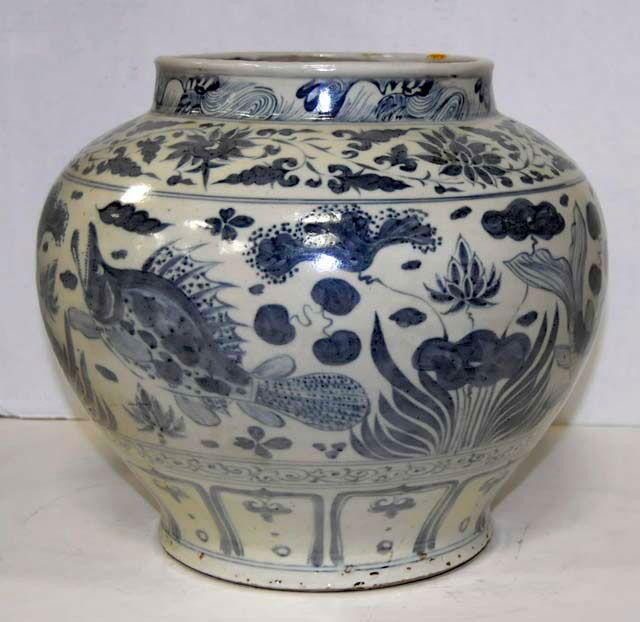 Chinese blue & white ginger jar: Depicting "Fish". Approx. 12" H.