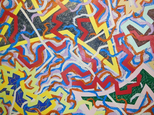 Abstract Expressionist painting by Joan Thorne: "Mazu", on canvas, was included in the 1981 Biennial exhibition at The Whitney Museum of American Art, paper label on back "Lender To by Dart Gallery". Approx. 103" L x 75" H. Please read our terms of