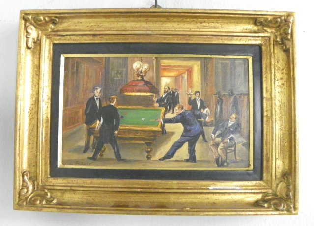 Oil painting signed C. Barry: "Men's Club Pool Room" 1940, on copper. Approx. 9.5" L x 5.5" W. Please read our terms of sale.