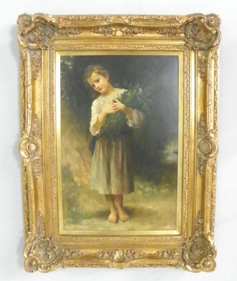 Oil painting "Portrait of Young Girl": "Young Girl Holding Flowers", on canvas, mid century copy of an old master painting, gilt framed. Please read our terms of sale.