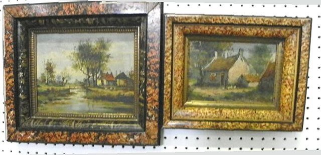 Pair framed Victorian oil paintings artist signe: 1- "Man Feeding Chickens", on board, approx. 6" x 8". 1- "Farm House", on board, approx. 8" x 10". Artist signed lower left. Please read our terms of sale.