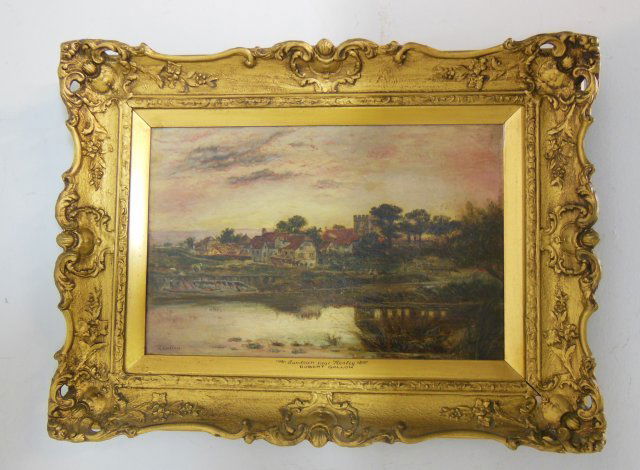 19th c. oil painting signed R. Gallon: "Sundown near the Henley", Robert Henley, signed lower left, on canvas. Image approx. 12" x 18", 19" x 25" with frame. From a LI, NY estate. Please read our terms of sale.
