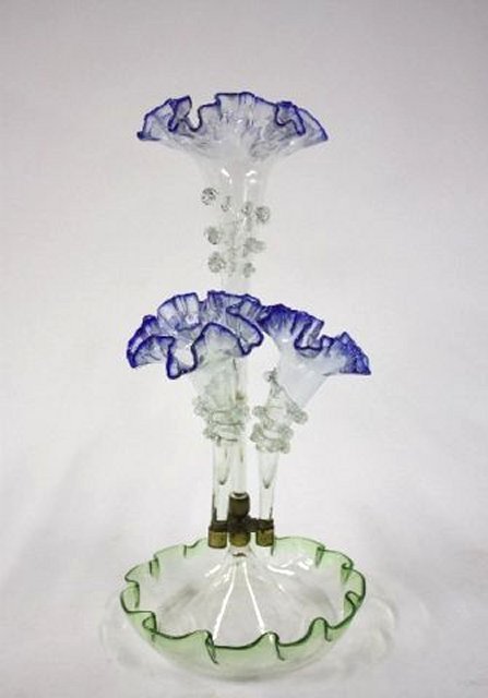 20th c. glass epergne: Multi colored green to blue. Approx. 17.5" H x 8.25" Please read our terms of sale.