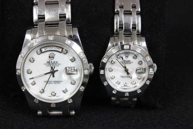 2 watches Men's & Women's by Rolex: Oyster Perpetual Day/Date. Stainless steel, stamped Rolex on face & bracelet. From a private Connecticut estate. Rolex is not guaranteed. Please read our terms of sale.