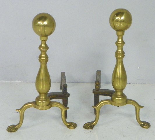 Colonial style brass andirons: Ball & Claw. Approx. 16" H Please read our terms of sale.