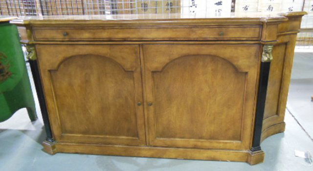 Mahogany credenza with bronze mounts: With 2 doors & 1 drawer. Approx. 6' W x 18.75" D x 32" H Please read our terms of sale.
