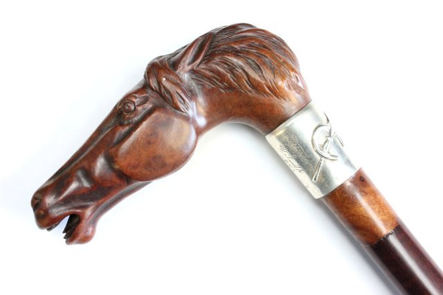 19th c. presentation walking stick: In burled walnut, with carved "Horse Head", stem of burled elm & rosewood stick with sterling silver ring. Please read our terms of sale.