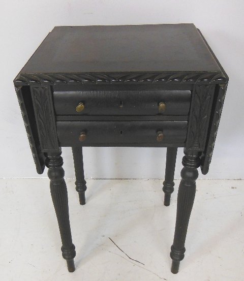 19th c. mahogany drop leaf work table: With 2 drawers, gadrooned edge, fluted legs. Approx. 29.5" H x 18" W x 18" D. Consigned from a NJ gentleman. Please read our terms of sale.