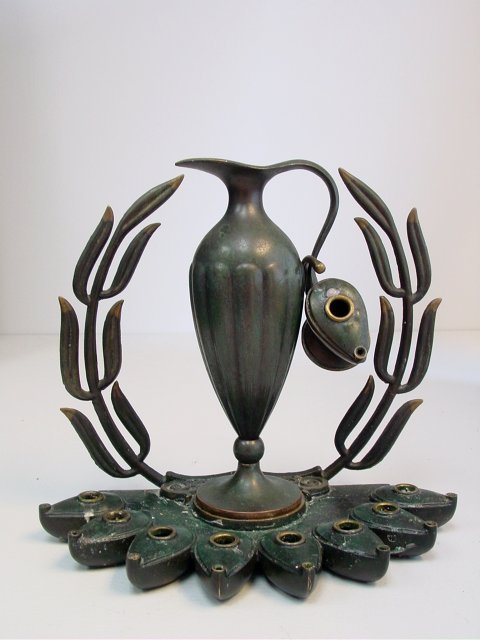 Early signed Israeli oil menorah: Approx. 8" H x 8.5" Please read our terms of sale.