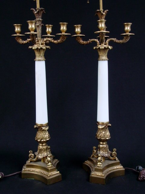 Pair opaline column lamps: With candelabra tops. Approx. 38" x 10" Please read our terms of sale.