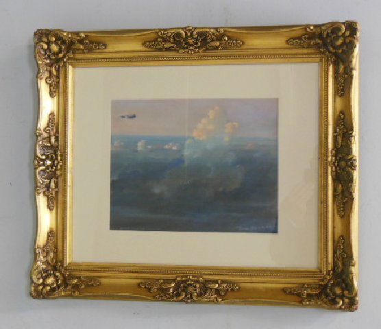 Eric Sloane gilt framed pastel: "Afterglow at 10,000 Feet". Image approx. 14.5" x 11.5", 27' x 24" with frame. Please read our terms of sale.