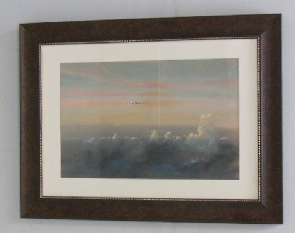 Eric Sloane framed pastel: "Cirrus at Sunset", Xmas 1941. Image approx. 21.75" x 14", 32" x 24" with frame. Please read our terms of sale.