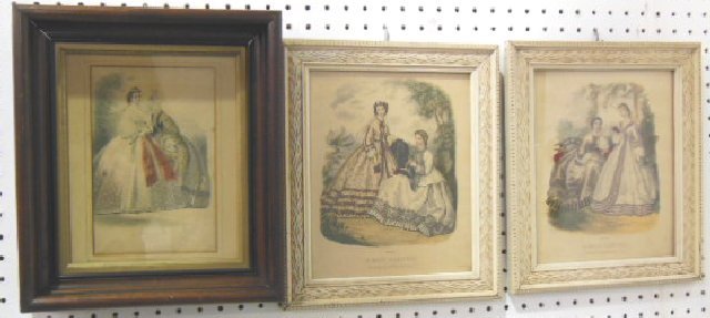 3 framed pictures of "Victorian Ladies": 2- In white frames, signed Leroy Imp Paris, La Mode Illustree- Bureaux du Journal. Approx. 13.5" H x 11.5" W. 1- In walnut frame, signed Illman Bros. April 1863 Les Modes Parisiennes. Approx. 13.75" H