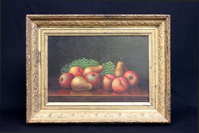 Oil painting signed Levi Wells Prentice: Gilt framed, "Still Life; Fruit". Signed lower right. American 1851-1935. Approx. 12" x 18" unframed, 18.5" x 24.75" framed. Please read our terms of sale.