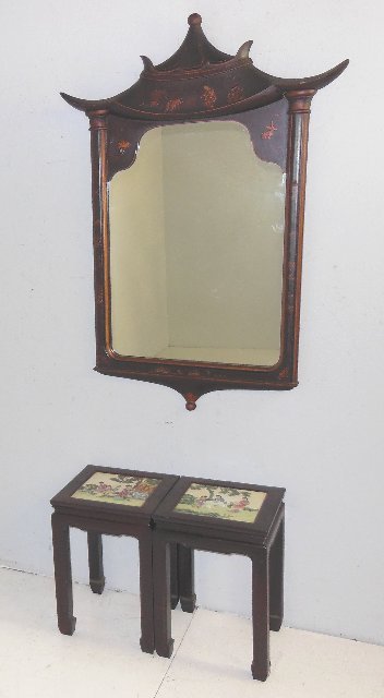 Pair Chinese low side tables & mirror: Pair of tables with inset handpainted tiles depicting "Daily Life", ca. 1930's, approx. 19" H x 13" x 13". Chinese pagoda style mirror, chinoiserie, nick on ends, approx. 4' H x 32.5" W. Consigned fro