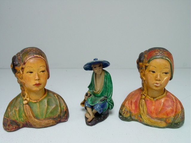 Group lot of Asian smalls: 2- Chinese mid century female busts bookends, 1 as is, approx. 9.75" x 8". 1- Mud figure of "Chinese Seated Man", signed Esther Hunt, approx. 7.75" H. Consigned from a NJ gentleman. Please read our te