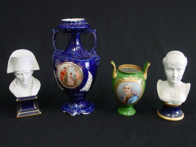 Group lot of assorted smalls: Including: 1- Limoge bust. 1- KPM bust, "Napoleon & Josephine", bisque & porcelain, approx. 8" H. 1- Porcelain vase, approx. 12" H. 1- Vase with out lid, "Portrait of King Louis", approx. 8" H.