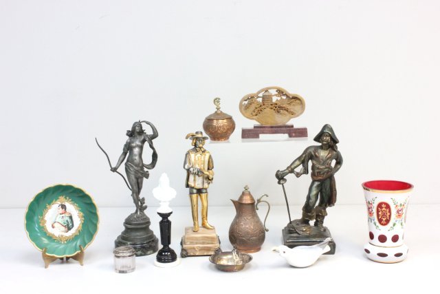 Group lot of 12 decorative items: Including: 1- B&G "Bird with Fish". 1- Porcelain bust of "Queen Victoria", approx. 6.75" H. 1- Dish with "Napoleon", approx. 5.5". 1- Bohemian "Floral" vase, approx. 5.5". 1- Soapstone "Landscape" car