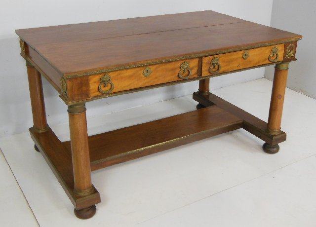 Horner mahogany bronze mounted partners desk: 4 drawer, labeled under drawers RJ Horner, needs refinishing. Approx. 30.5" H x 54" W x 34" D.