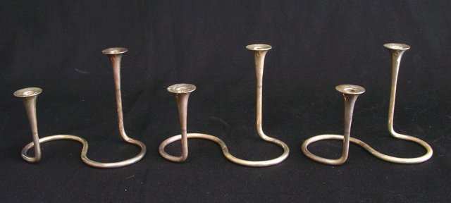 Set of 3 sterling silver art deco candlesticks: Michelsan, Denmark. Approx. 6.5" W x 5" H.