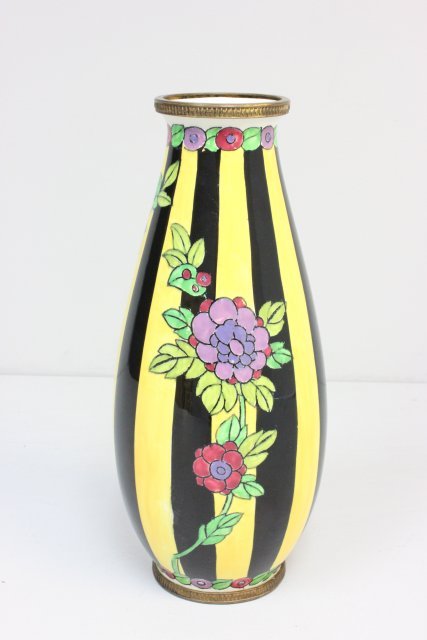 Boch Freres Art Deco catteau style vase, marked: Marked "D. 681" with "K". Bronze mounted. Approx. 13" H.