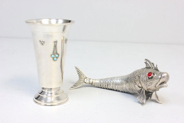 Group lot of 2 pieces Judaica: 1- Silver Judaica "Fish" spice box, with red eyes. 1- Plated Kiddush cup.