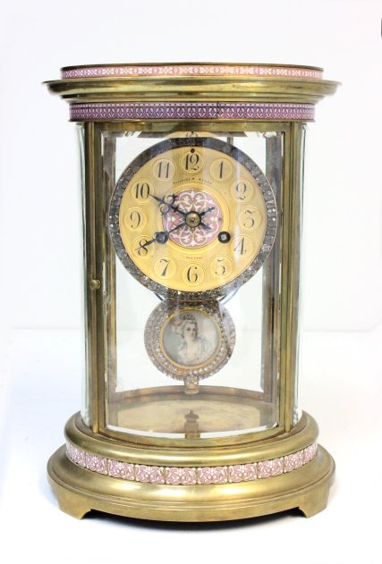 Bronze & enamel Theodore B. Starr regulator clock: With enameled portrait pendulum. Approx. 12" H