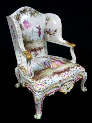 Rare antique faience cabinet chair signed: Painted. Approx. 9" H x 7" W.