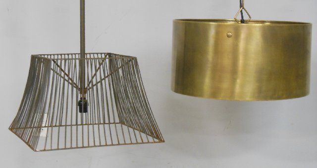2 light fixtures: 1- With round brass shade, 3 light. Approx. 19.5" Diam x 10" H. 1- Open wire lampshade shaped fixture. Approx. 12" x 19" square.