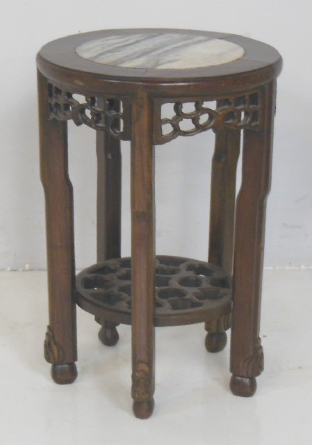 Marble top teakwood table: Approx. 20" H x 13.5" Diam.