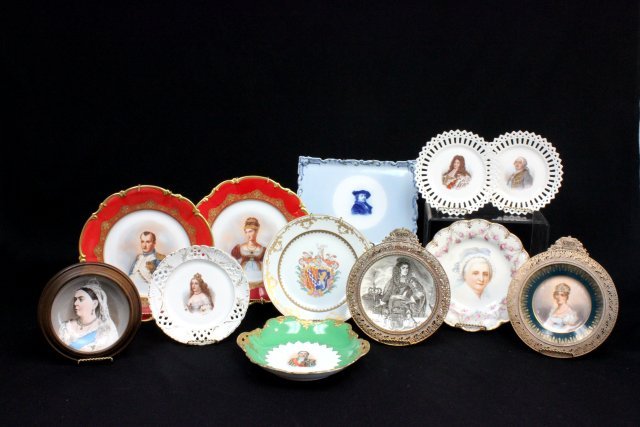 Group lot of 12 porcelain plates: Including: 1- "Napoleon & Josephine", Bavarian with orange border, approx. 11" Diam. 1- Johnson Bros. dish, "Portrait of a Lady with Bonnet", approx. 9" Diam. 1- Austrian green border bowl depicting "