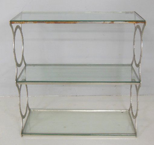 Industial metal 2 tier console: With glass shelves. approx. 34.5" x 33.75" x 14.75".