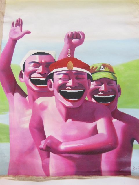 Chinese oil painting "3 Funny Guys": On canvas, signed Yue Nin Jen. Image approx. 30' x 39".