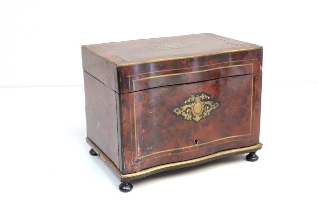 Amboyna wood cigar case: With brass inlay. Approx. 8.25" H x 10.5" W x 7" D.