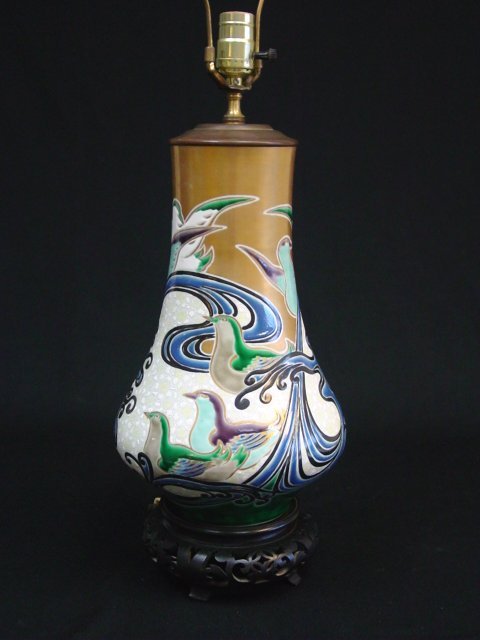 Amphora vase mounted as a lamp: Mounted on teakwood base. Approx. 14" H.