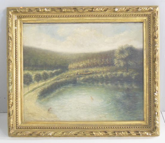 Lunyak Otto gilt framed oil painting dated 1926: "Swimming in the Lake". Image approx. 31" W x 25" H, 37" W x 33" H with frame.