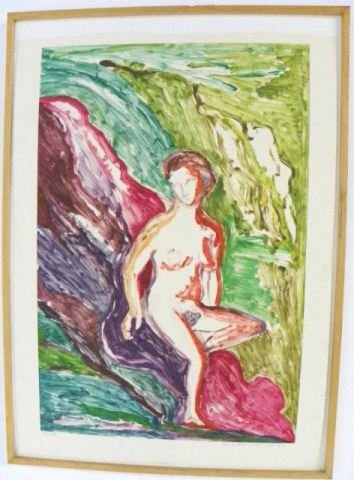 Colorful monoprint signed Rena M. Burger: Titled "Nymph", framed, etching inks on arches paper, original label on back. Approx. 42.25" H x 30.5" W.
